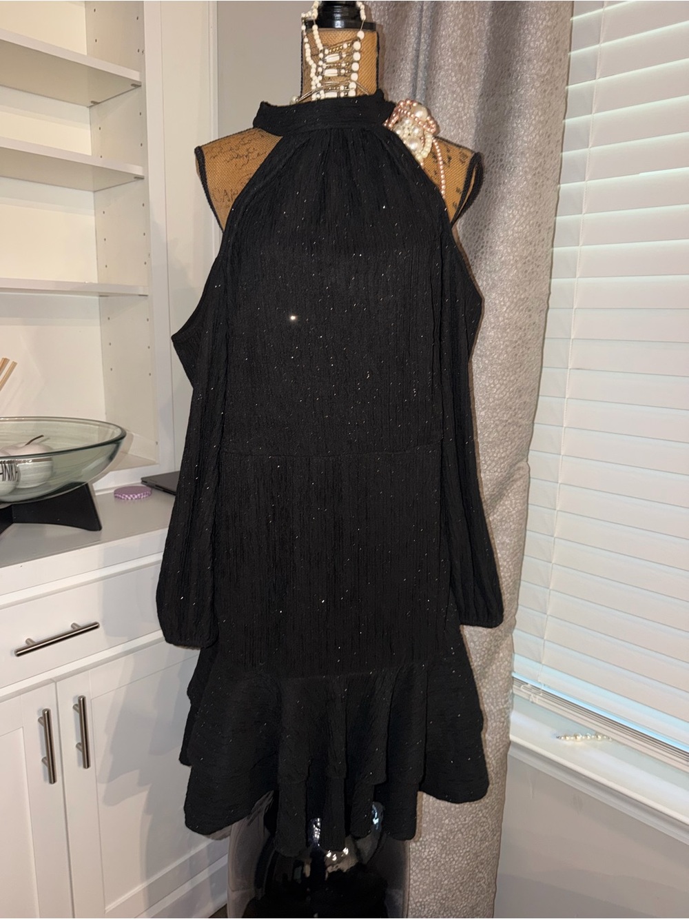SHEIN Black Sparkle Long Sleeve Ruffle-Hem Dress